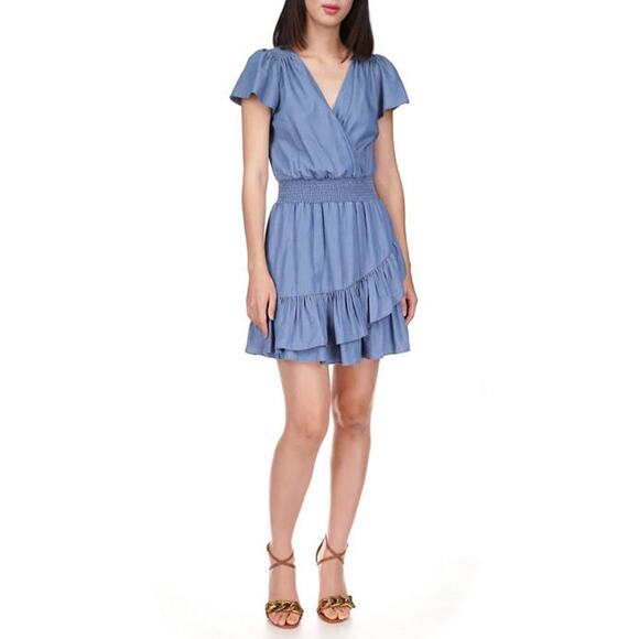 Michael Kors Women Blue Cotton Tiered Faux-Wrap Fit & Flare Mini Dress Size XS - Picture 1 of 5